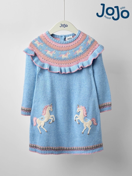 JoJo Maman Bébé Blue Unicorn Fairisle Knitted Dress (F78621) | €48 - €57