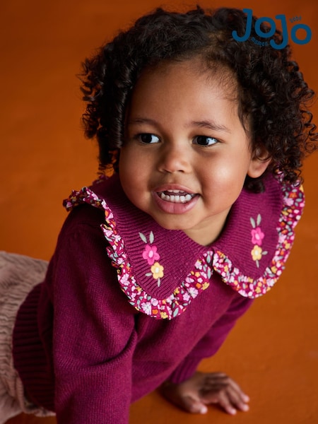 JoJo Maman Bébé Berry Red Floral Frill Collar Embroidered Jumper (F78628) | €35 - €40