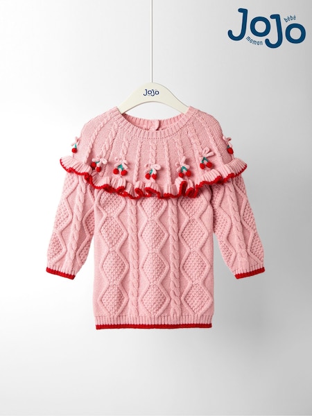JoJo Maman Bébé Pink Embroidered Cable Frill Knitted Dress (F78632) | AED218 - AED243