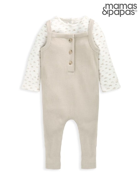 Mamas & Papas Cloud Ribbed 100% Cotton Brown Dungarees and Bodysuit Set (F78711) | 31 €