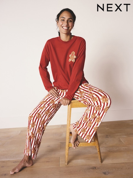 Red Gingerbread Matching Family Christmas Cosy Long Sleeve Pyjamas (F78758) | €37