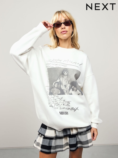 Ecru White Official Nirvana License Graphic Print Crewneck Sweatshirt (F78786) | R$ 365