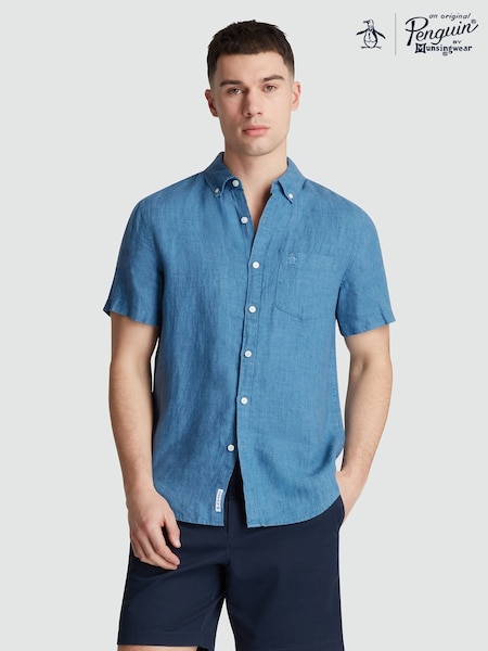 Original Penguin Blue Delave Linen Short Sleeve 100% Cotton Shirt (F78819) | R$ 690
