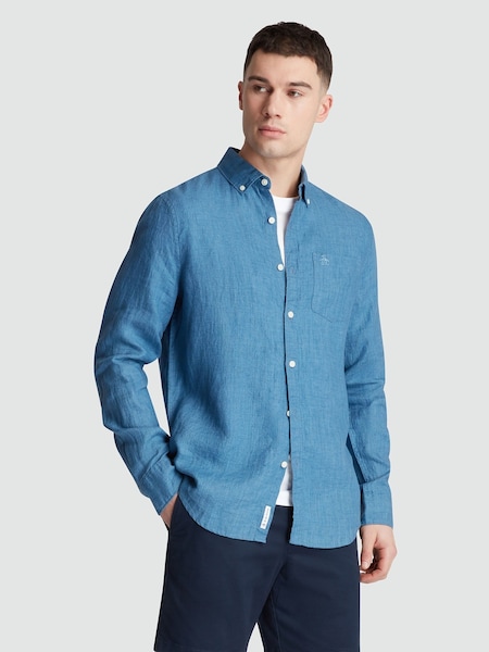Original Penguin Blue Delave Linen Long Sleeve 100% Cotton Shirt (F78822) | €107