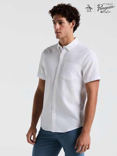 לבן - Original Penguin Textured Short Sleeve 100% Cotton White Shirt (F78828) | ‏352‏₪