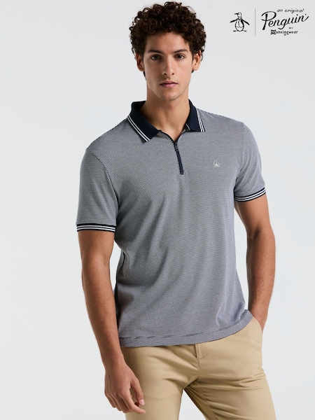 Original Penguin Blue Jacquard 1/4 Zip Tipped 100% Cotton Polo Shirt (F78834) | €99