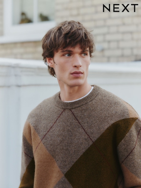 Brown Relaxed Fit Argyle Pattern Crew Jumper with Wool (F78866) | 188 QAR