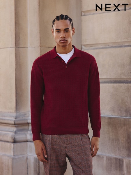Red Texture Regular Fit Essential Long Sleeve Knitted Polo Shirt (F78867) | €27