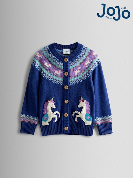 JoJo Maman Bébé Blue Dark Fair Isle Appliqué Pocket Cardigan (F78887) | AED175 - AED210