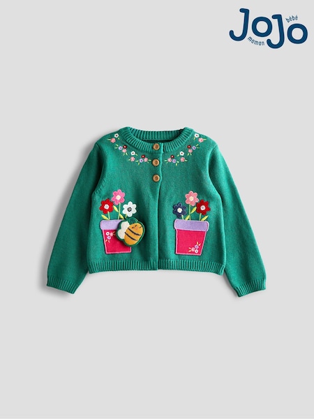 JoJo Maman Bébé Teal Green Flower & Bee Pet in Pocket Applique Cardigan (F78894) | €47 - €52