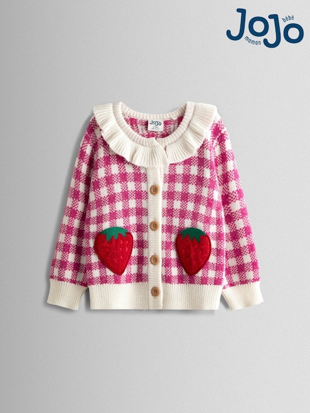 JoJo Maman Bébé Pink Strawberry Gingham Frill-Neck Appliqué Cardigan (F78900) | AED175 - AED210