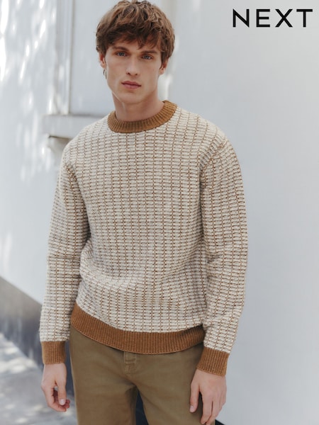 Brown Regular Fit Geometric Pattern Textured Crew Jumper with Wool (F78909) | €43