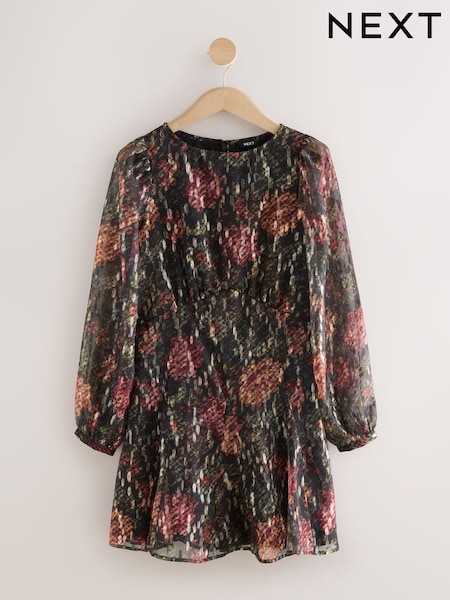 Gold Jaquard Print - Mini Long Sleeve A-Line Seam Detail Dress (F78910) | R$ 390