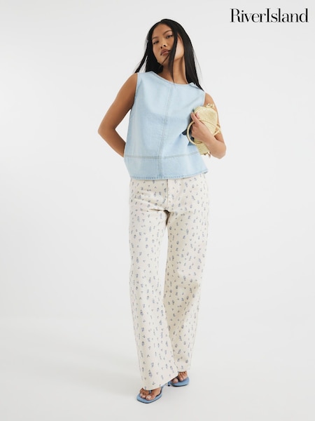 River Island Cream Petite Relaxed Straight Ditsy Floral Print 100% Cotton Jeans (F78925) | €60