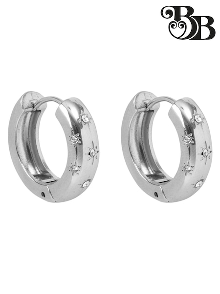 Bibi Bijoux Silver Tone Pavé Star Stainless Steel Hoop Earrings (F78980) | €44