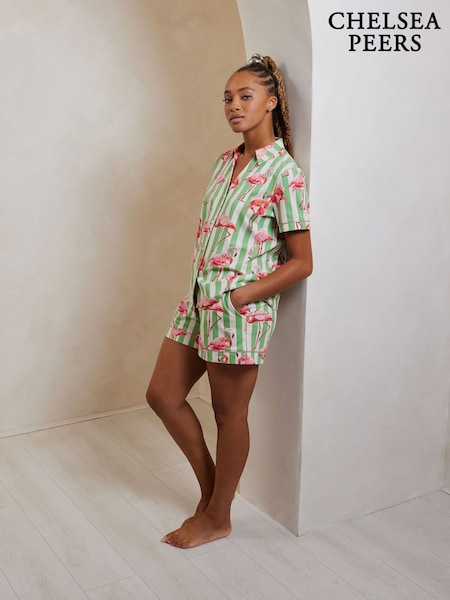 Chelsea Peers Green Flamingo Stripe Short Pyjama Set (F79008) | R$ 445