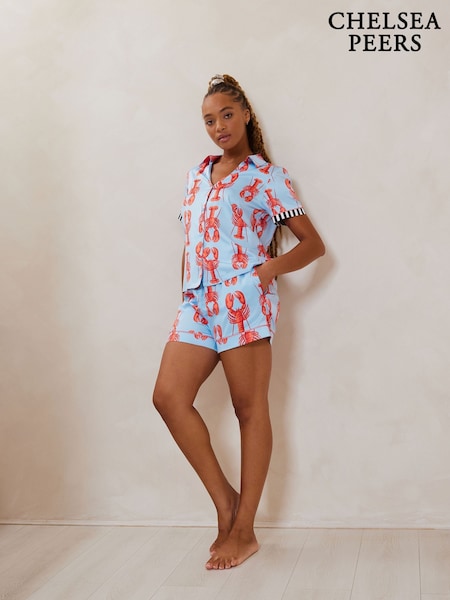 Chelsea Peers Blue Organic Cotton Under the Sea Scarf Print Short Pyjamas Set (F79016) | €60