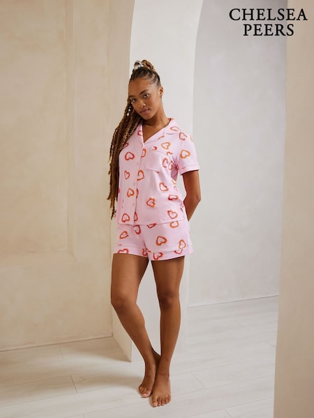 Chelsea Peers Pink Bolt Satin Jacquard Stripe Short Pyjama Set (F79046) | €46