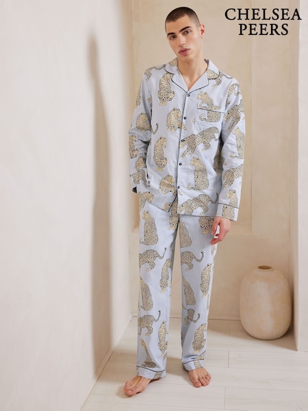 Chelsea Peers Blue Seersucker Cotton Leopard Stripe Print Long Pyjamas Set (F79049) | ₪302