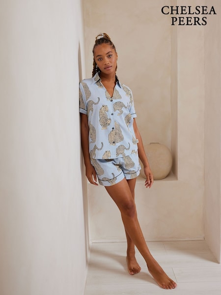 Chelsea Peers Blue Short Pyjamas Maternity Seersucker Cotton Leopard Stripe Print Short Pyjamas Set (F79064) | €60