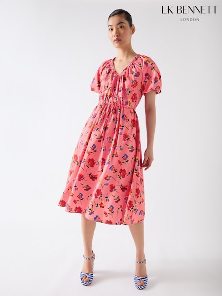 LK Bennett Pink Brigitte Multi Cotton Ikat Floral Gather Detail Dress (F79080) | ₪1,252