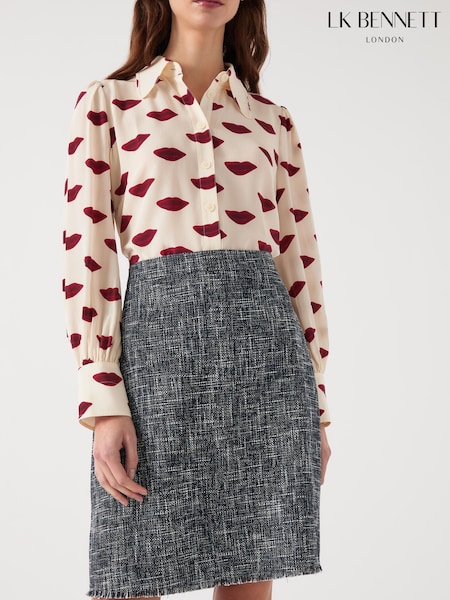 LK Bennett Indigo & Black & Cream Suzie Cotton Blend Pencil Skirt (F79084) | ₪749