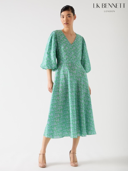 LK Bennett Green Lola Birch Viscose Blend Blossom Print Jacquard Dress With Statement Sleeve (F79087) | 1,975 QAR
