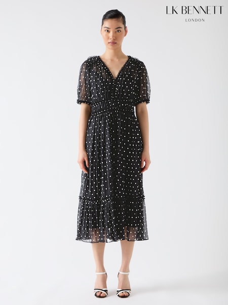 LK Bennett Black Gigi Birch Plissè© Polkadot Midi Dress (F79091) | €445