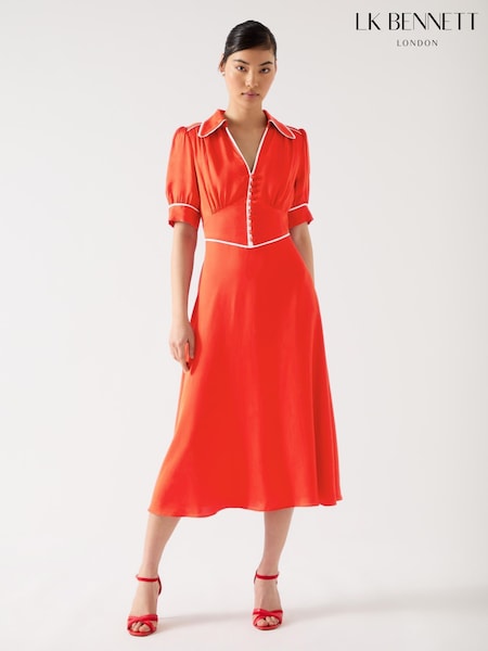 LK Bennett Red Lou Aurora Viscose Contrast Trim Satin Crepe Dress (F79094) | ₪1,504