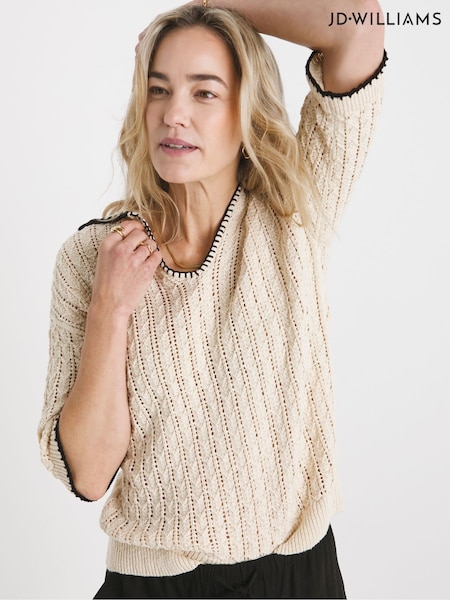 JD Williams Natural 100% Cotton Crochet Short Sleeve Collared Jumper (F79127) | €40
