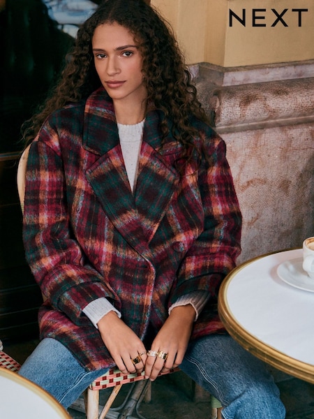 Pink Check Double Breasted Pea Coat (F79135) | 382 QAR