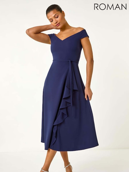Sininen - Roman Bardot Ruffle Wrap Dress (F79278) | €102