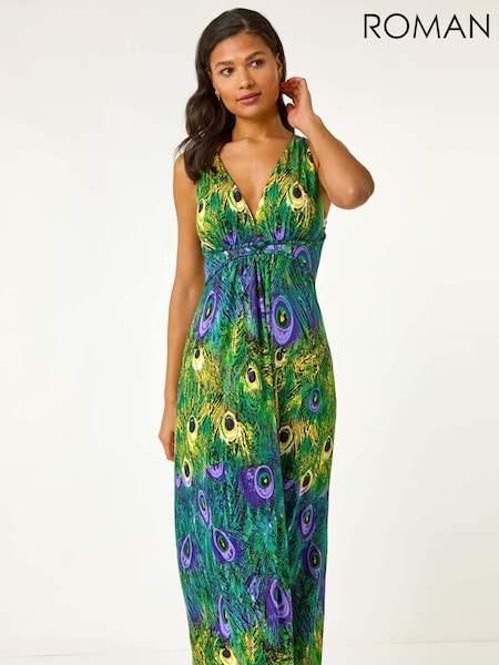 Roman Green Peacock Printed Maxi Dress (F79279) | €58