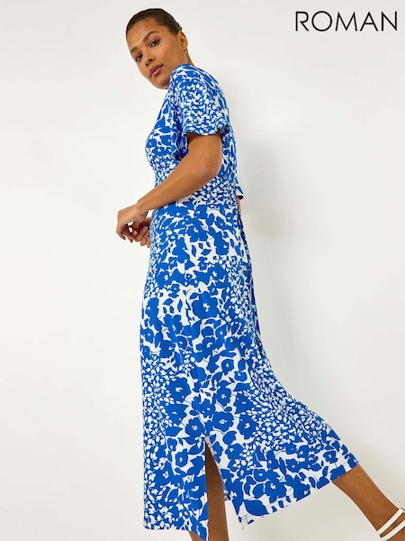 Roman Blue Floral Print V-Neck Stretch Midi Dress (F79288) | €53