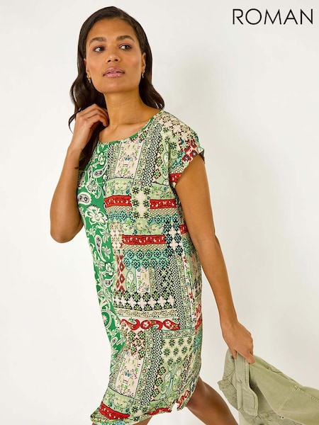 Roman Green Paisley Print Smock Style T-Shirt Dress (F79293) | €60