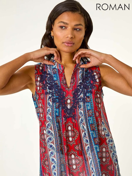 Roman Red Embroidered Abstract Print V-Neck Top (F79296) | €42