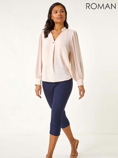 Vaaleanpunainen - Roman Chiffon Sleeve V-kaula-aukko Laskostettu/vekki- Top (F79301) | €63