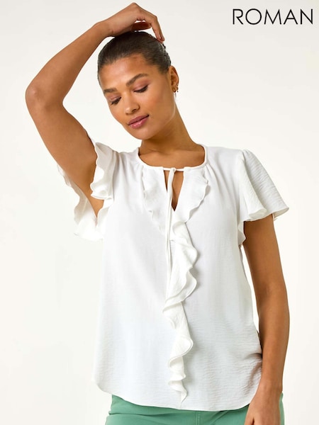 לבן - Roman Frilled Sleeve Tie Front Top (F79302) | ‏201‏₪