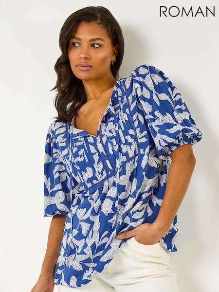 Roman Blue Leaf Print Tie Neck Pleated Top (F79303) | €52