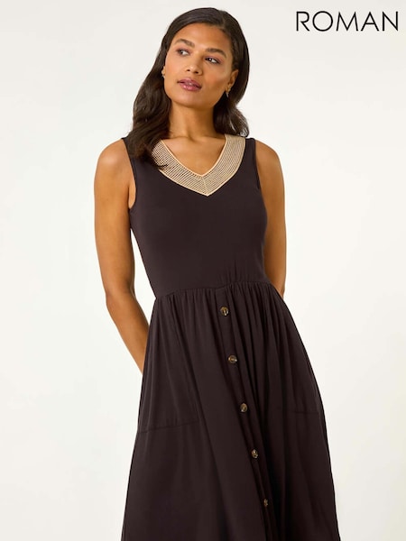 Roman Black Contrast V-Neck Stretch Midi Dress (F79306) | R$ 510