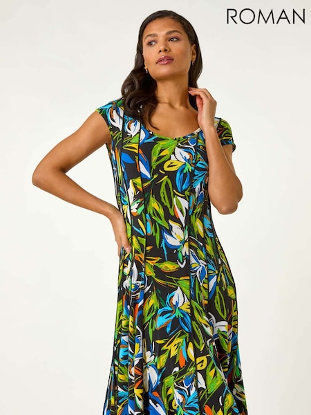 Roman Green Floral Print Panel Detail Stretch Dress (F79313) | R$ 605