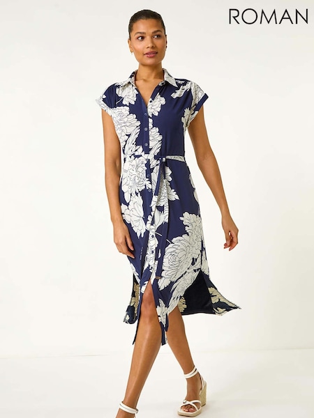 Roman Blue Floral Print Stretch Shirt Dress (F79314) | €63
