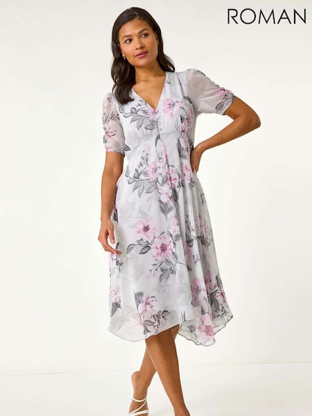 Roman Pink Floral Print Hanky Hem Midi Dress (F79318) | 3,905 UAH