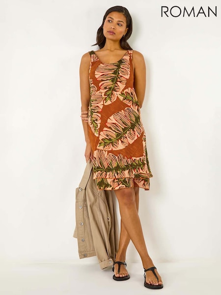 Roman Orange Leaf Print Double Layer 100% Cotton Dress (F79321) | $103