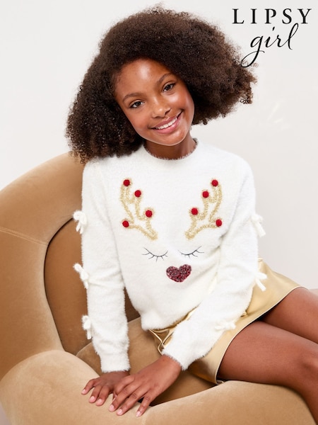 Lipsy Cream Reindeer Christmas Crew Neck Knitted Jumper (5-16yrs) (F79382) | AED146 - AED192