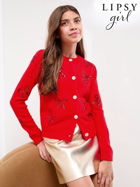 Lipsy Red Bow Christmas Long Sleeve Buttoned Knitted Cardigan (5-16yrs) (F79384) | €35 - €44