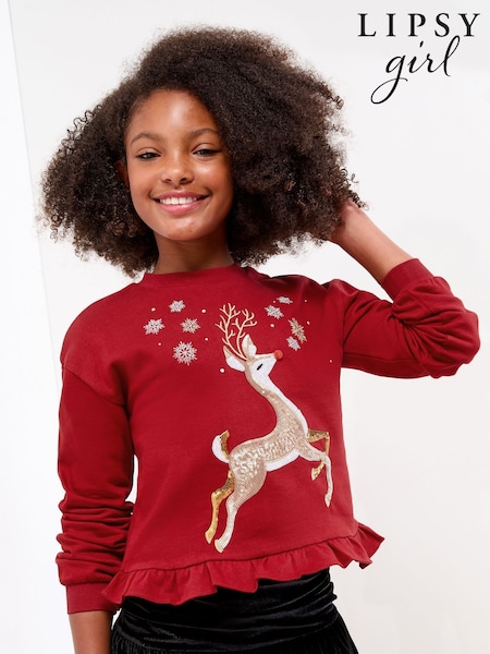 Lipsy Red Reindeer Christmas Crew Neck Sweatshirt (5-16yrs) (F79388) | €29 - €39