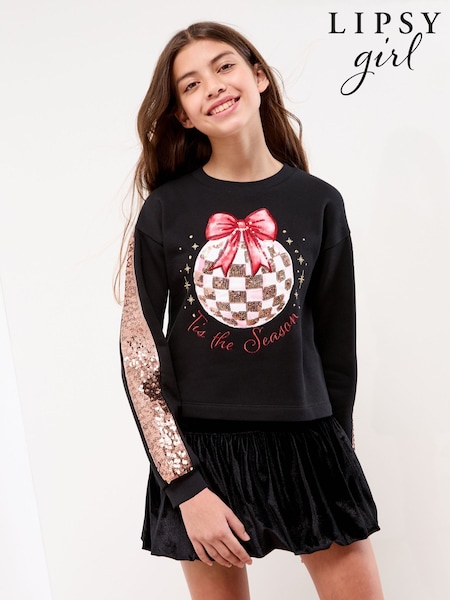 Lipsy Black Sparkle Season Christmas Crew Neck Sweatshirt (5-16yrs) (F79389) | €32 - €42