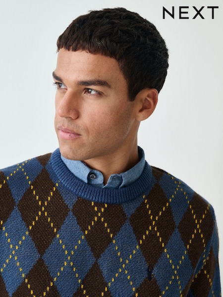 Blue/Brown Argyle Regular Fit Mock Shirt Jumper (F79406) | €56