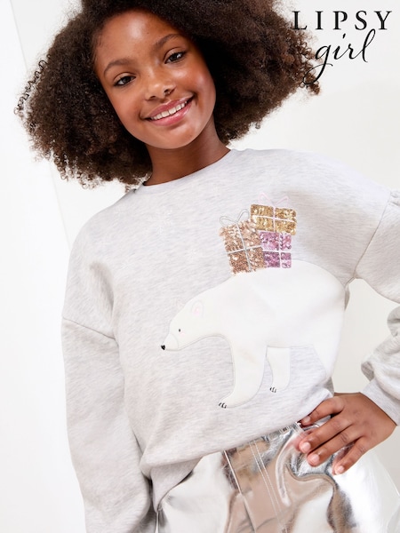 Lipsy Grey Polar Bear Christmas Crew Neck Sweatshirt (5-16yrs) (F79407) | AED134 - AED181